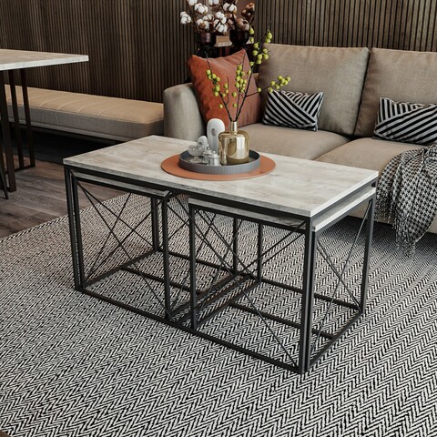 Set masute de cafea, Kalune Design, Defne, PAL, Gri deschis / Negru