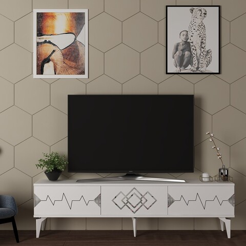 Comoda TV, Olivia, Ritim, 180x44.6x29.6 cm, PAL , Alb / Argintiu