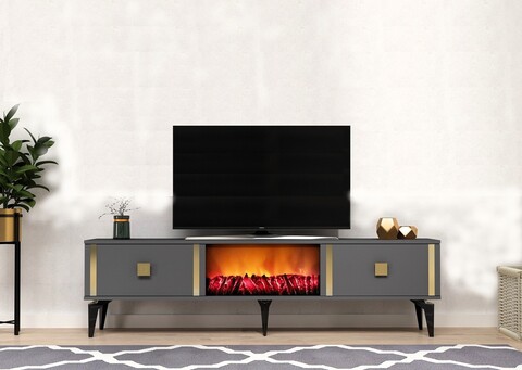 Comoda TV, Olivia, Doruk Fireplace, 150x44.6x29.6 cm, PAL , Antracit / Aur