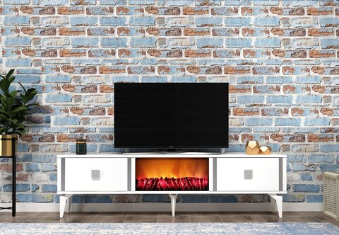 Comoda TV, Olivia, Doruk Fireplace, 150x44.6x29.6 cm, PAL , Alb / Argintiu