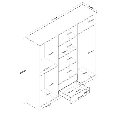 Dulap pentru haine, Rani, BA130, 210x210x51 cm, PAL, Nuc/Alb