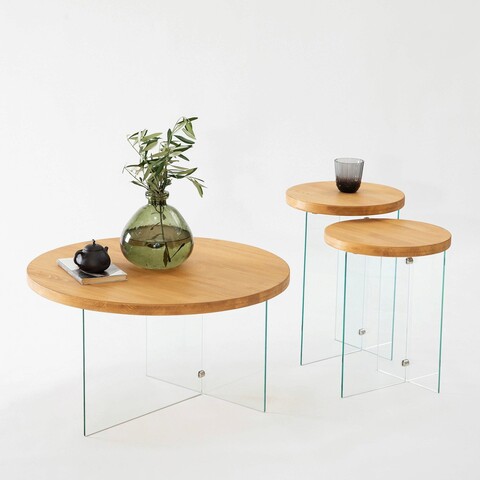 Masuta de cafea, Neostill, Serenity, 70x40 cm, Sticla temperata, Transparent / Stejar