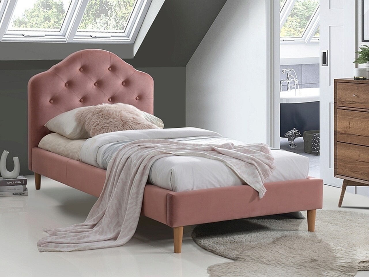Tablie Pat Roz Pat Single tapitat, cu tablie Chloe Velvet, Signal, 90x200 cm, catifea ...