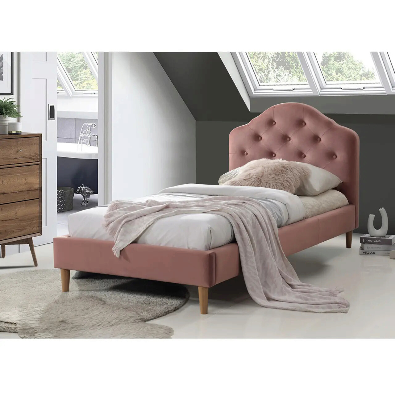 Tablie Pat Roz Pat Single tapitat, cu tablie Chloe Velvet, Signal, 90x200 cm, catifea ...