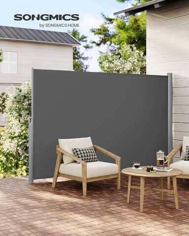Paravan lateral pentru gradina sau terasa / copertina solara laterala, Songmics, sistem de fixare inclus, UV 50+, 180x400 cm, gri