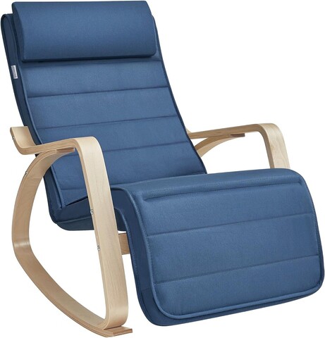 Scaun balansoar reglabil in 5 pozitii, Songmics, 67x121.5x84 cm, max 150 kg, lemn de mesteacan/policoton, albastru/natural