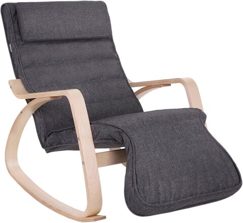 Scaun balansoar reglabil in 5 pozitii, Songmics, 67x125x91 cm, max 150 kg, lemn de mesteacan/textil cu aspect de in, gri inchis/natural