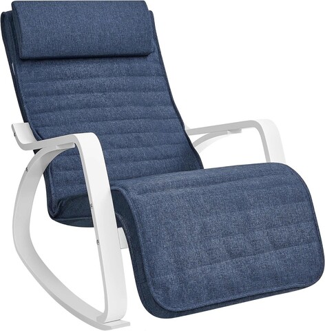 Scaun balansoar reglabil in 5 pozitii, Songmics, 67x121.5x84 cm, max 150 kg, lemn de mesteacan/textil cu aspect de in, albastru/alb