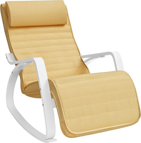 Scaun balansoar reglabil in 5 pozitii, Songmics, 67x121.5x84 cm, max 150 kg, lemn de mesteacan/policoton, galben pastel/alb