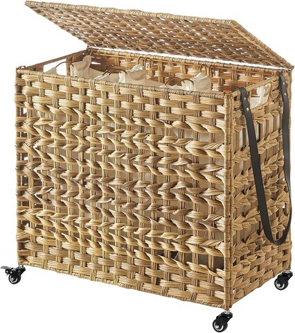 Cos de rufe tesut manual cu 3 compartimente si roti, Songmics, 140 L, 66x36x60 cm, poliratan/metal/bumbac, natural