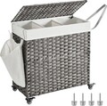 Cos de rufe tesut manual cu 3 compartimente, buzunar lateral si roti, Songmics, 140 L, 66x36x60 cm, poliratan/metal/bumbac, gri