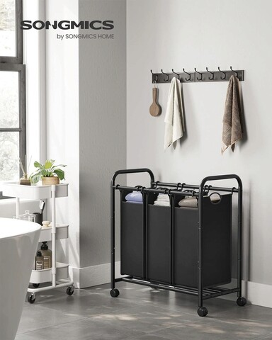 Cos de rufe cu 3 compartimente si roti, Songmics, 3 x 44 L, 77.6x41.5x83.4 cm, fier/tesatura oxford, negru