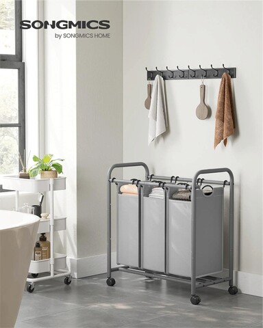 Cos de rufe cu 3 compartimente si roti, Songmics, 3 x 44 L, 77.6x41.5x83.4 cm, fier/tesatura oxford, gri