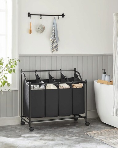 Cos de rufe cu 4 compartimente si roti, Songmics, 4 x 35 L, 87.5 x 38.5 x 81 cm, fier/tesatura oxford, negru