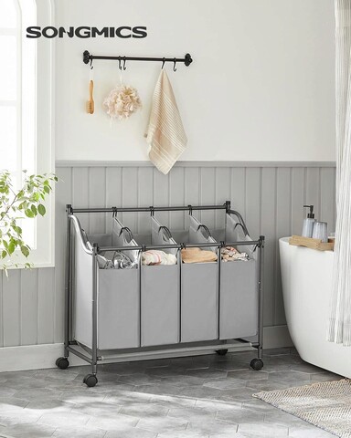 Cos de rufe cu 4 compartimente si roti, Songmics, 4 x 35 L, 87.5 x 38.5 x 81 cm, fier/tesatura oxford, gri