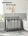 Cos de rufe cu 4 compartimente si roti, Songmics, 4 x 35 L, 87.5 x 38.5 x 81 cm, fier/tesatura oxford, gri