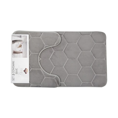 Set 2 covorase de baie, Casa Plastor, Honey, 45 x 73 cm, 37 x 45 cm, poliester/poliuretan/PVC, gri