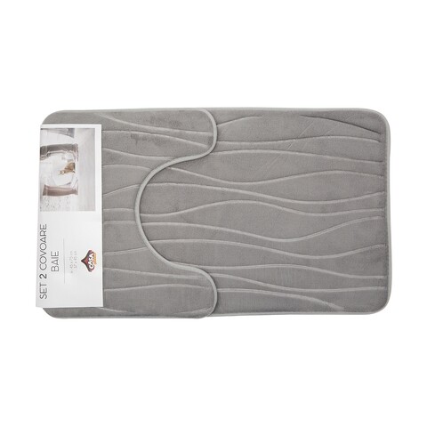 Set 2 covorase de baie, Casa Plastor, Waves, 45 x 73 cm, 37 x 45 cm, poliester/poliuretan/PVC, gri
