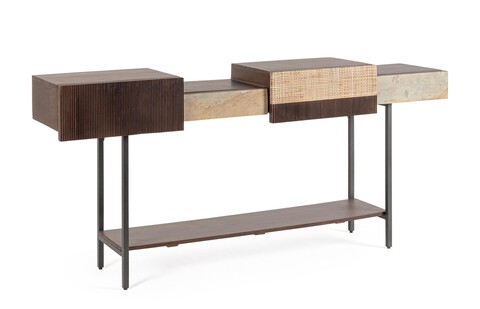 Consola Kibik, Bizzotto, 165x35x78 cm, lemn de mango/otel/piatra naturala, natural