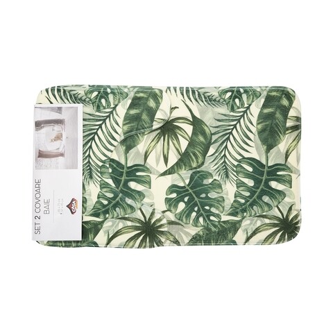 Set 2 covorase de baie, Casa Plastor, Leaves, 45 x 73 cm, 37 x 45 cm, poliester/poliuretan/PVC, verde/alb