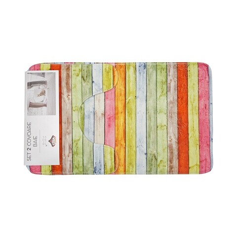Set 2 covorase de baie, Casa Plastor, Stripes, 45 x 73 cm, 37 x 45 cm, poliester/poliuretan/PVC, multicolor