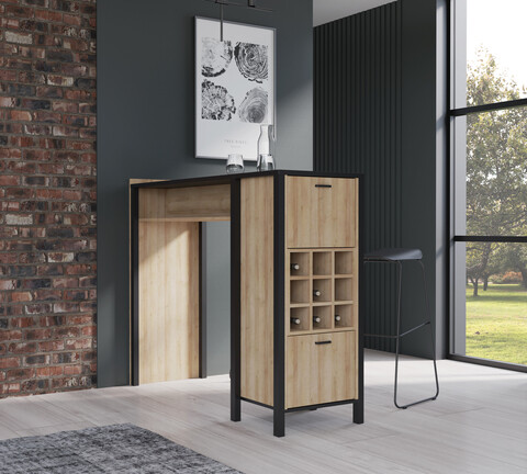 Masa de bar cu suport pentru sticle Heusden, Bedora, 151x49.2x120.3 cm, PAL/metal, negru/stejar