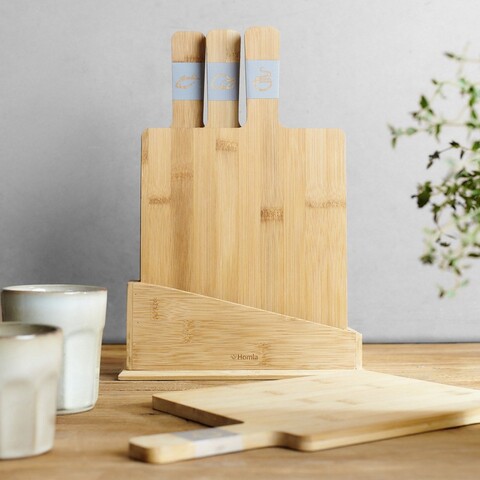 Set 4 tocatoare cu suport Bambou, Homla, 20x9x33 cm, lemn, natur/gri