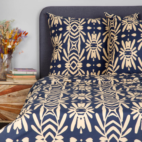 Lenjerie de pat dubla Quevy, Homla, 3 piese, 160x200 cm, microfibra din poliester, albastru/bej