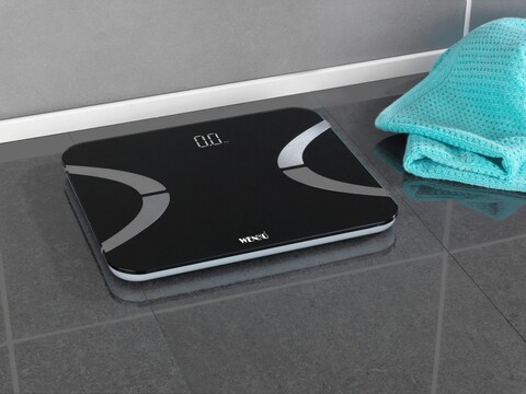 Cantar de baie LED, Wenko, 30x26x2.1 cm, sticla/ABS, negru/gri