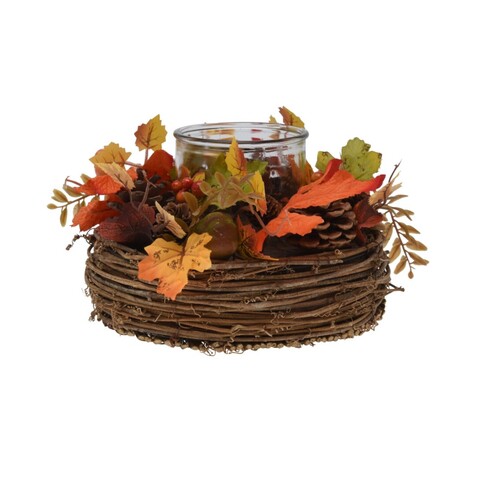 Coronita de masa cu suport lumanare v1, Excellent Houseware, 21x21x13 cm, ratan/sticla, multicolor