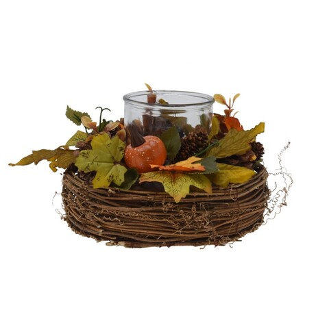 Coronita de masa cu suport lumanare v2, Excellent Houseware, 21x21x13 cm, ratan/sticla, multicolor