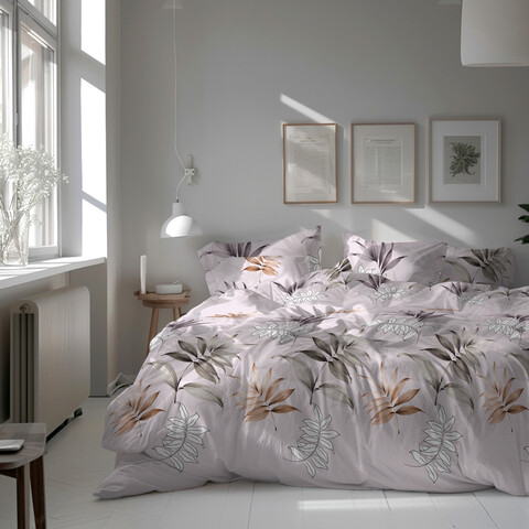 Lenjerie de pat pentru 2 persoane, Grey Leaf, Bedora, 6 piese, 200x220, microfibra, multicolor