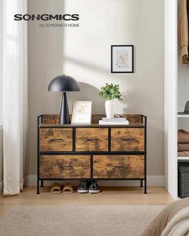 Comoda cu 5 sertare textile, Songmics, 98.2x29x70 cm, otel/MDF/poliester, maro rustic