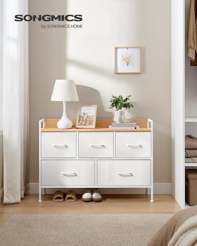 Comoda cu 5 sertare textile, Songmics, 98.2x29x70 cm, otel/MDF/poliester, alb nor/bej