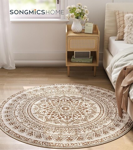 Covor antiderapant Songmics Boho, D120 cm, lavabil la masina, poliester, maro camel