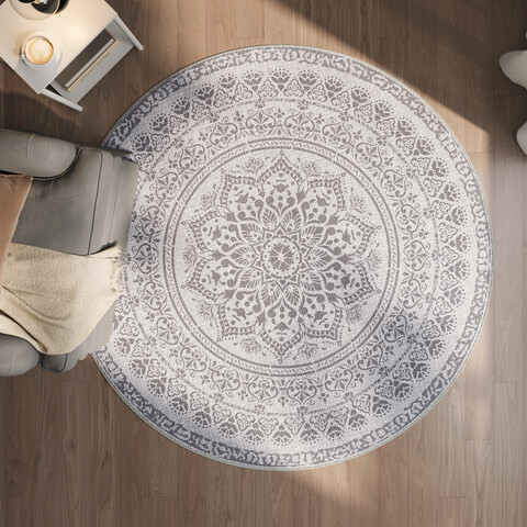 Covor antiderapant Songmics Boho, D160 cm, lavabil la masina, poliester, gri dove