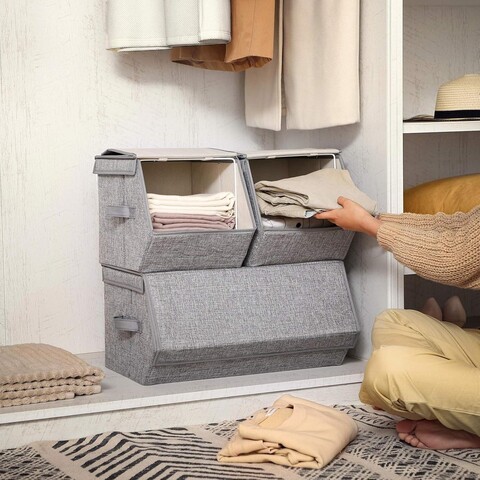 Set 3 cutii depozitare Songmics, 25x35x25 cm/50x35x25 cm, textil cu aspect de in/fier, stivuibile, max 10 kg,  gri