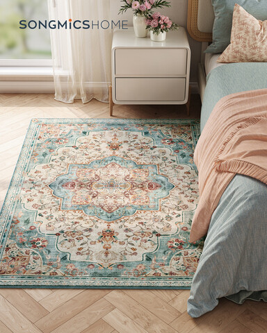 Covor antiderapant Songmics Vintage, 120x170 cm, lavabil la masina, poliester, albastru teal