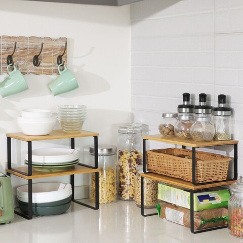 Set 4 rafturi de depozitare pentru bucatarie, Songmics, 29.7x19.5x15.5 cm, bambus/metal, natural