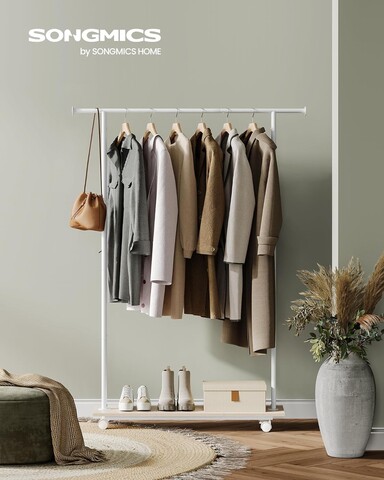 Suport mobil pentru umerase Wide, Songmics, 98.5x35x160.3 cm, max 50 kg, PAL/otel, bej/alb