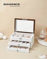 Cutie de bijuterii cu 3 etaje si oglinda, Songmics, 25x17x15 cm, MDF/catifea, alb