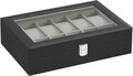 Cutie de ceasuri cu 12 compartimente, Songmics, MDF/piele ecologica/capac sticla, negru/gri