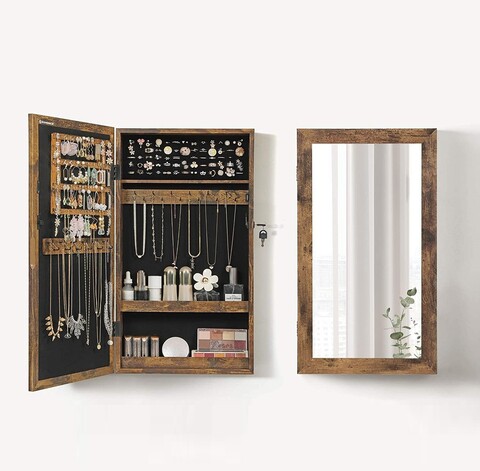 Dulapior de bijuterii cu oglinda, Songmics, cu fixare pe perete, 37x10x67 cm, MDF/catifea, maro