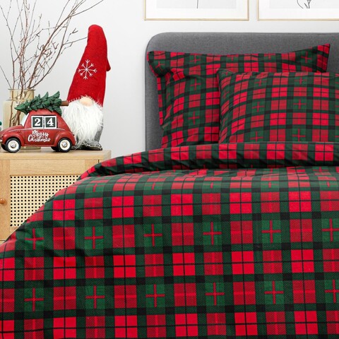 Lenjerie de pat dubla Tartan, Homla, 3 piese, 160x200 cm, bumbac, rosu/verde