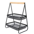 Cos fructe etajat cu 2 niveluri, Gridio, Homla, 38x25x51 cm, metal/lemn, negru/natur