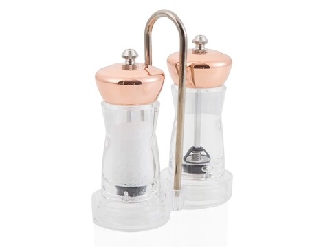 Set 2 rasnite pentru sare si piper in suport, Rose Gold, Brandani, 14x6x16 cm, plastic/inox