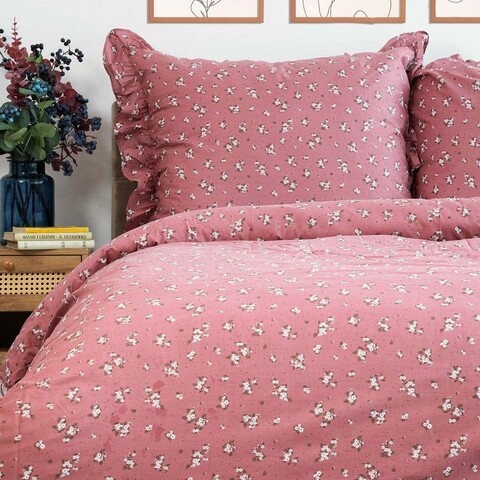 Lenjerie de pat dubla Mirya, Homla, 3 piese, 160x200 cm, bumbac, roz/alb
