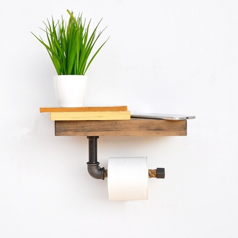 Etajera cu suport pentru hartie igienica Boruraf196, Evila Originals, 30x14x16 cm, maro/negru