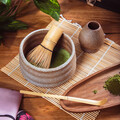 Set 4 piese pentru matcha Yunomi, Homla, 12.7x10.5 cm, portelan/bambus, gri/natur