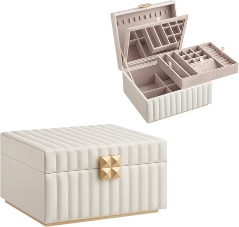 Cutie pentru bijuterii cu 2 etaje si oglinda Anah, Songmics, 21.5x24x13.5 cm, piele ecologica/MDF, alb